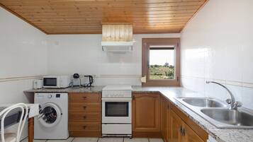 A compact kitchen with a washing machine, microwave, oven, and a window with a view.