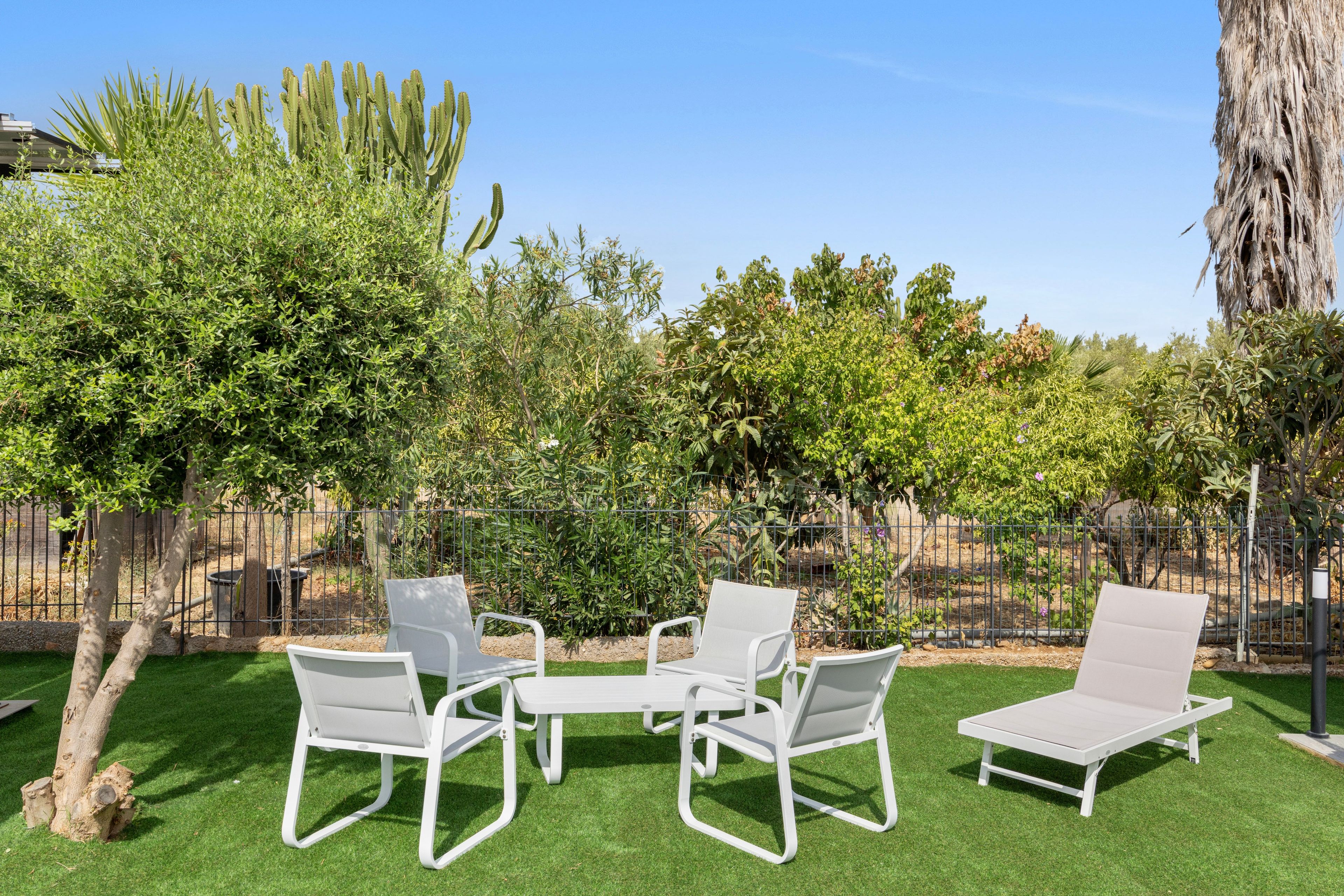 A patio area with white outdoor furniture, including chairs and a table, surrounded by green grass and various plants.