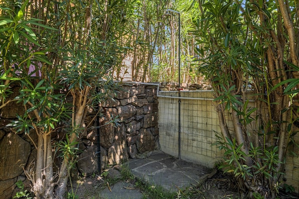 Un cerramiento de paredes de piedra con valla metálica, rodeado de bambú y otra vegetación.