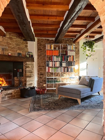 A cozy living room with a fireplace, a bookshelf, a sofa, and a hanging plant.. The Bookhouse home B&B: Eco-Friendly Retreat in Nature