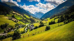 Ein Tal mit Häusern, einem Fluss und Bergen.