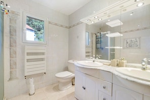 Shower, hair dryer, towels