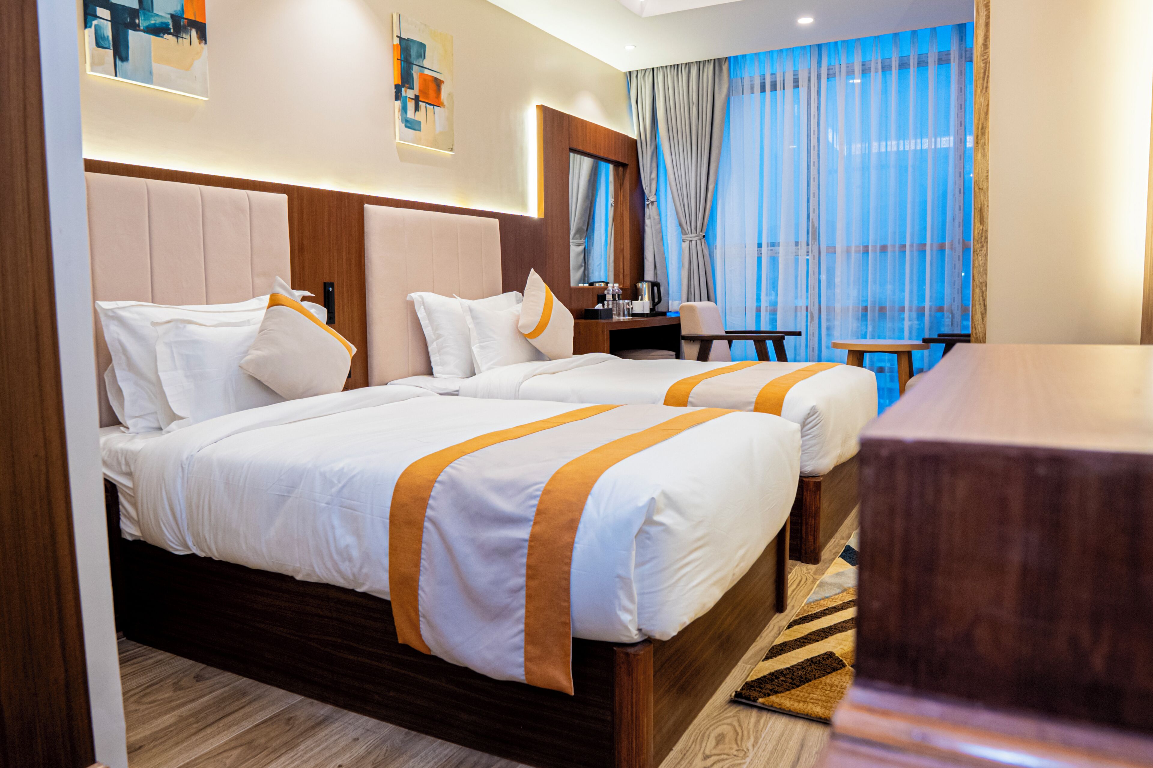 In-room safe, desk, laptop workspace, soundproofing