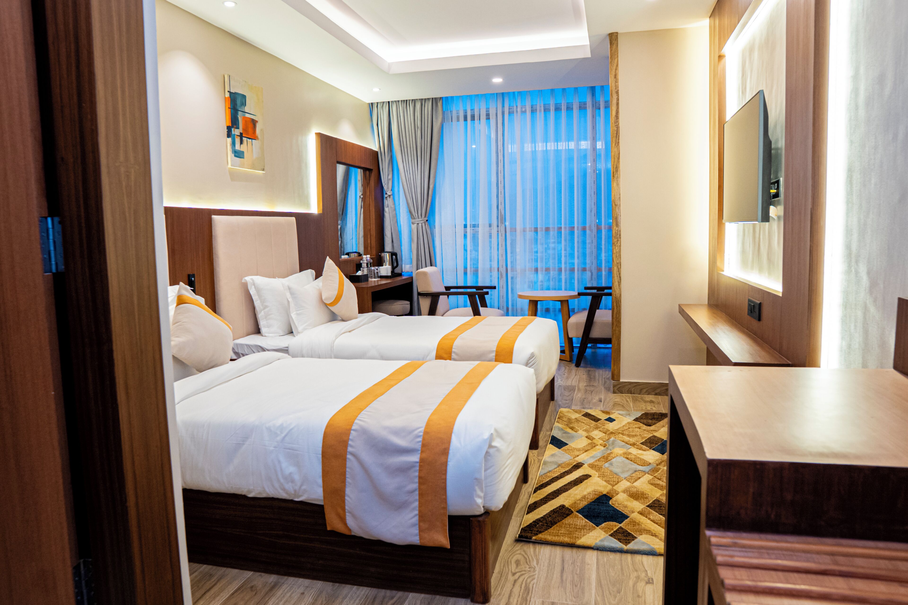 In-room safe, desk, laptop workspace, soundproofing