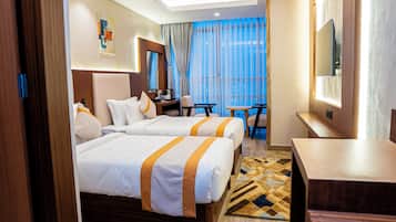 In-room safe, desk, laptop workspace, soundproofing