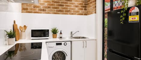 Fridge, microwave, stovetop, toaster