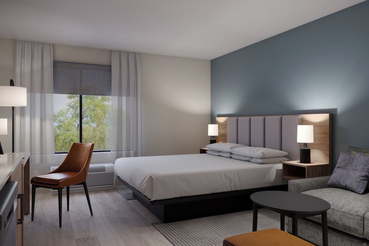 Suite estudio, tina para personas con discapacidad (1 King Bed with Sofa Bed) | Escritorio, espacio para trabajar con laptop y cortinas blackout