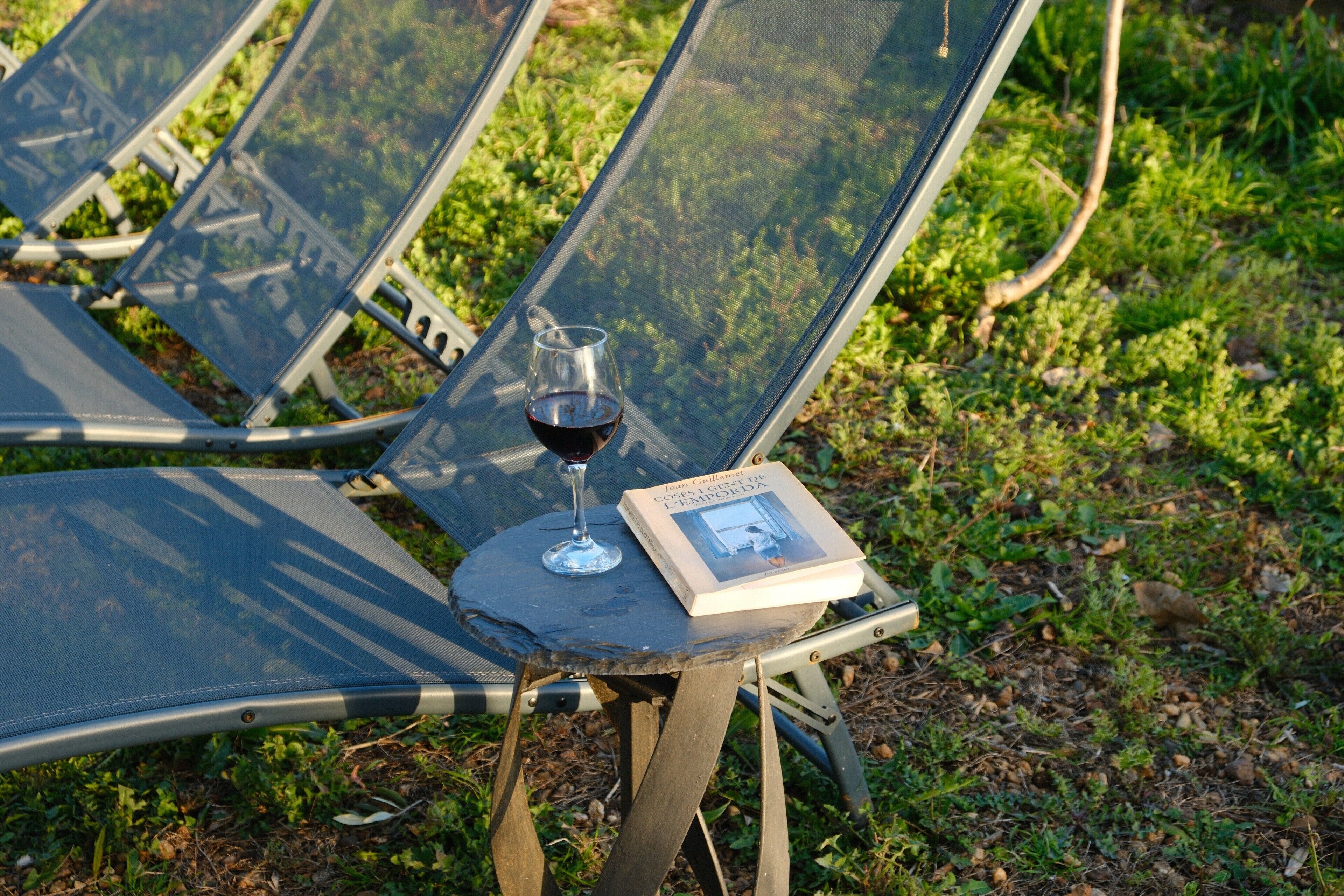 Buitenteak fauteuils met een glas rode wijn en een boek op een bijzettafeltje.