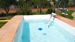 En rektangulær swimmingpool med stige, omgivet af en murstensmur og grønne planter.