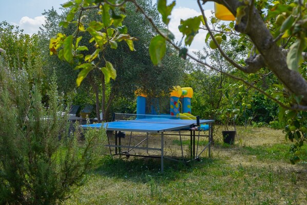 Un espace extérieur avec un trampoline bleu, une structure de jeu jaune et bleue, et un arbre au premier plan.