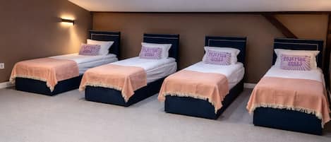 A bedroom with four beds, skylights, and a carpeted floor.