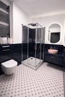 Shower, hair dryer, towels, soap