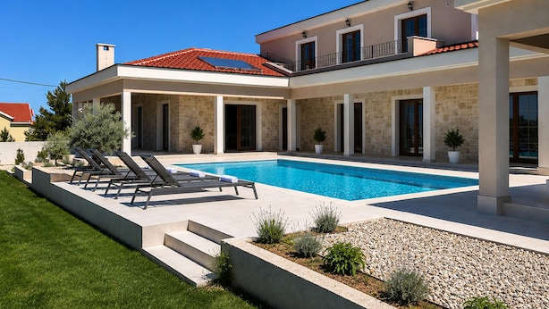 Una casa moderna de dos pisos con piscina, mobiliario exterior y fachada de piedra.
