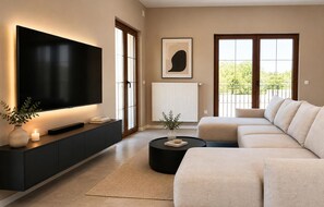 Ein modernes Wohnzimmer mit großem Flachbildfernseher, einer Couch, einem Couchtisch und einer Heizung.