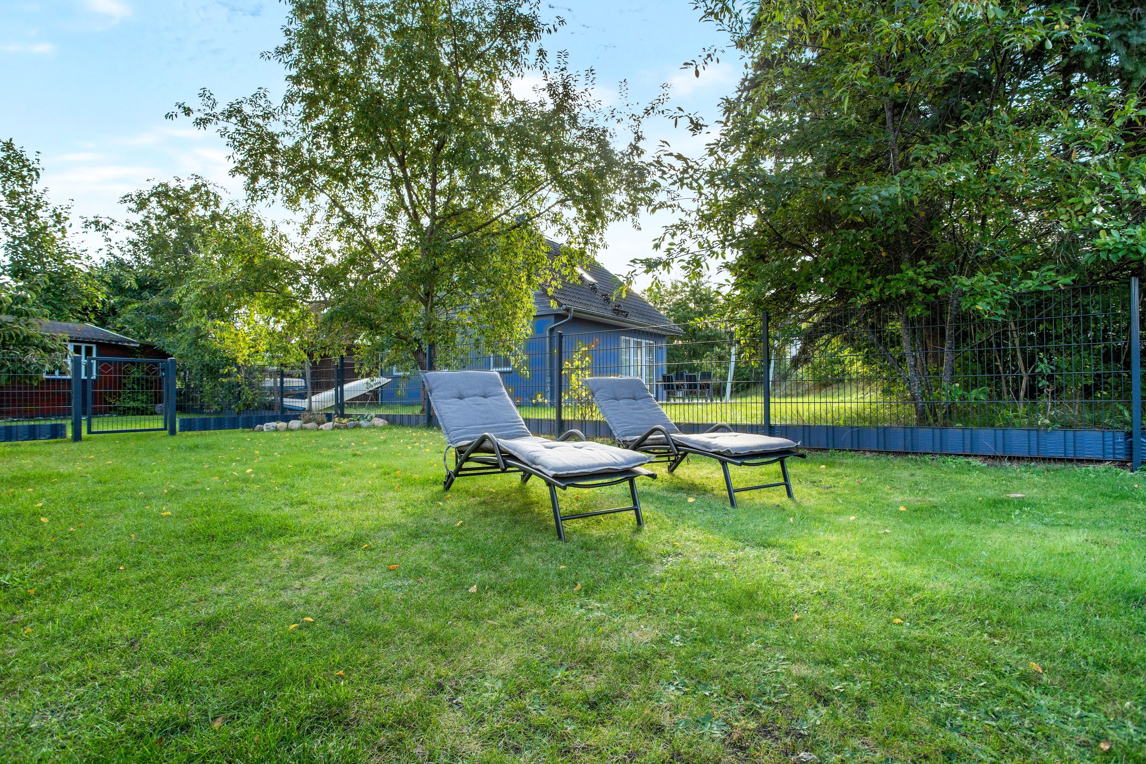 A backyard with two lounge chairs, a blue house, and a fenced area with trees.