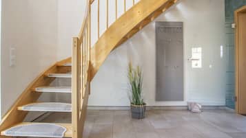 A wooden staircase with a handrail, leading to a room with a tiled floor and a potted plant.