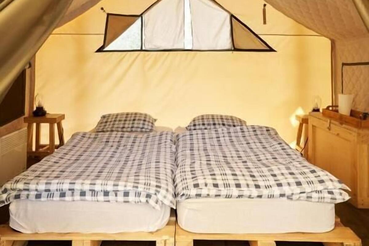 A tent with a pitched roof, two beds with checkered bedding, a small table, and a nightstand with a lamp.
