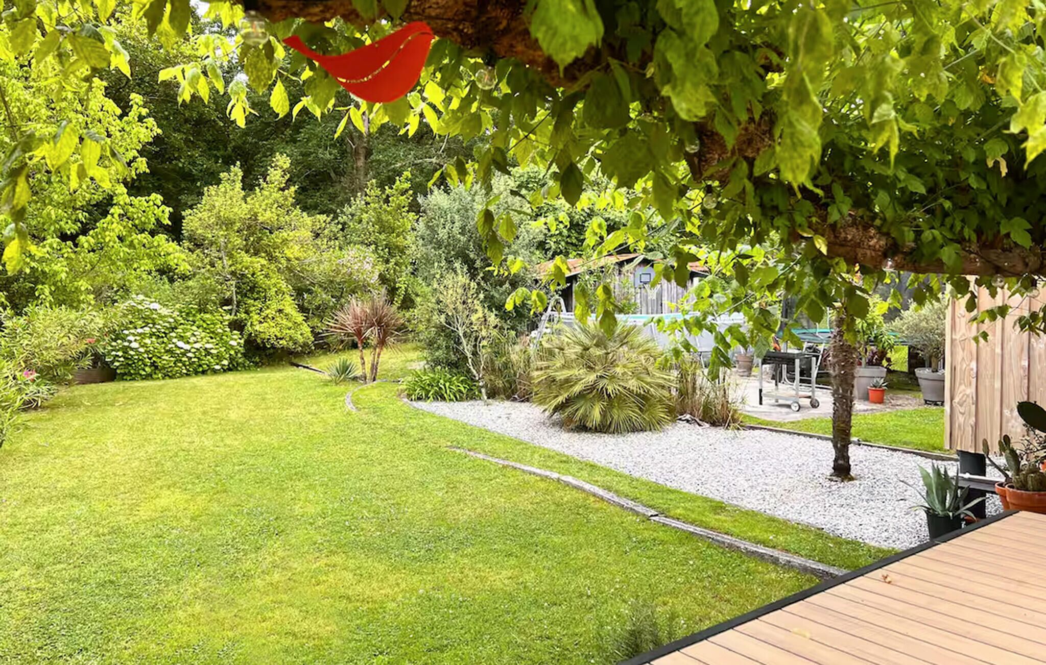 Un jardin avec une pelouse, un chemin de gravier et diverses plantes.
