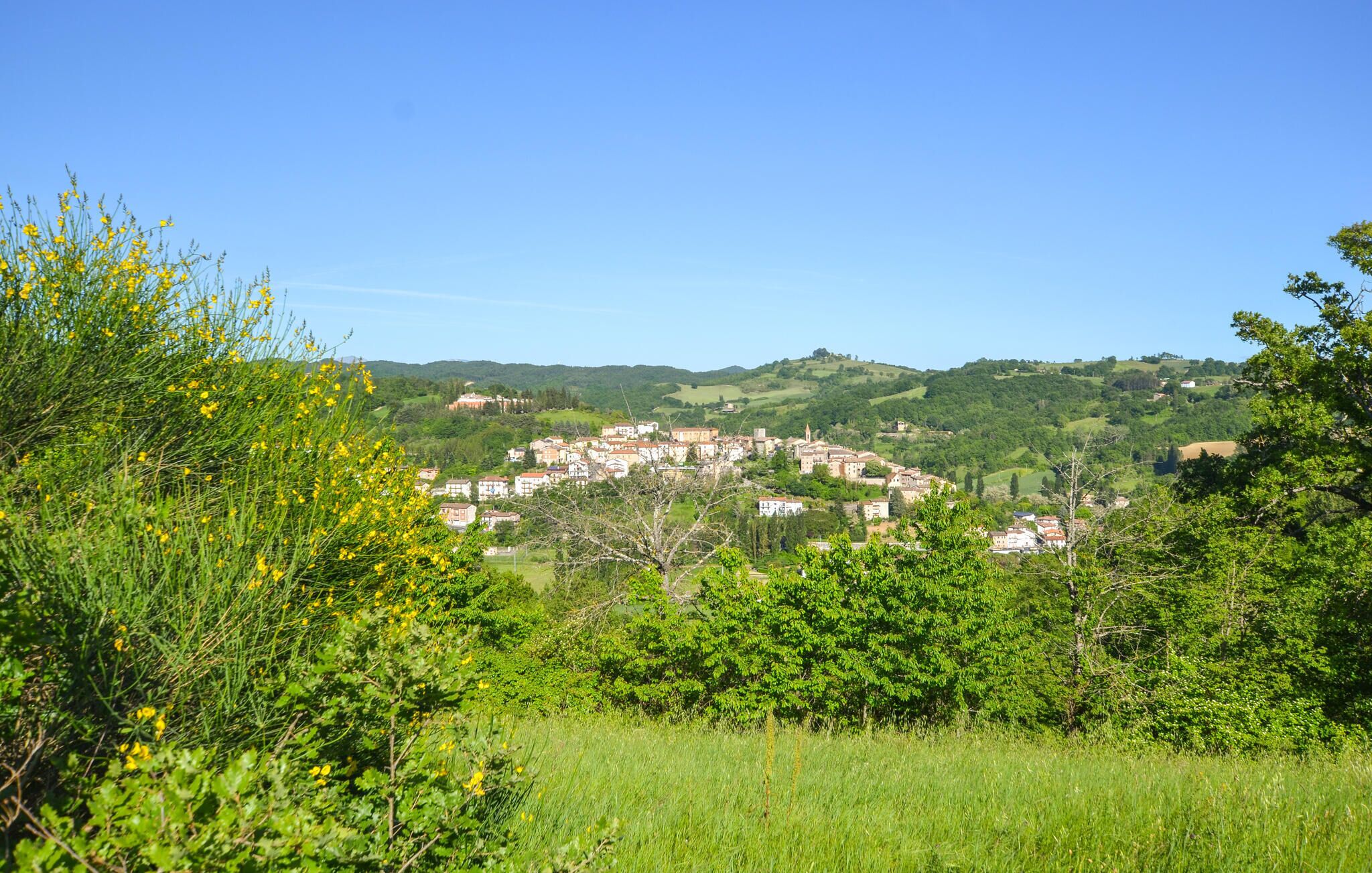 Un pueblo rural con edificios tradicionales, rodeado de vegetación y colinas.