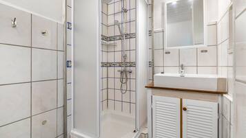 A bathroom with a shower enclosure, a sink, and a mirror.