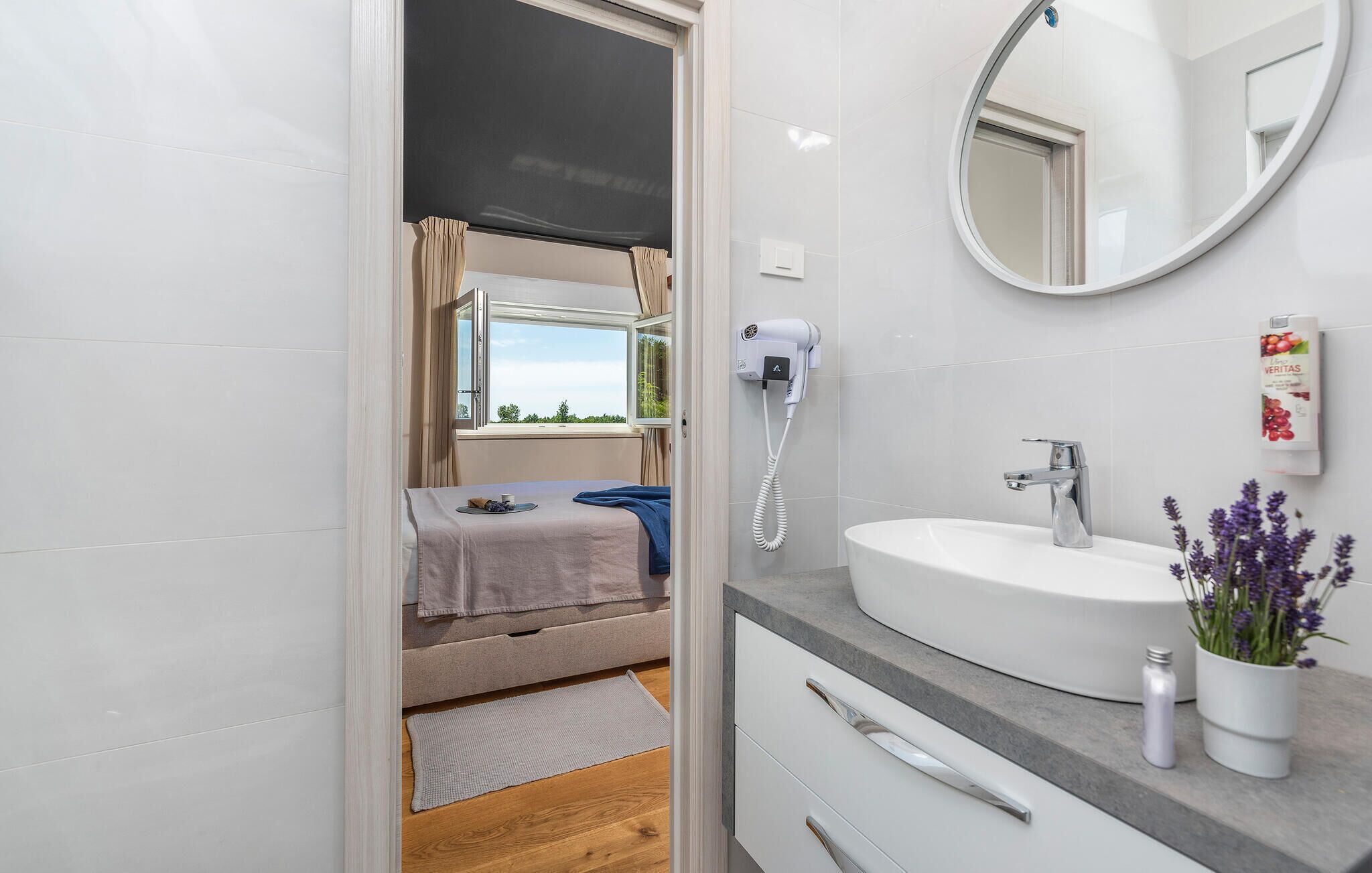 A compact hotel room with a bunk bed, a round mirror, a sink, and a small potted plant.