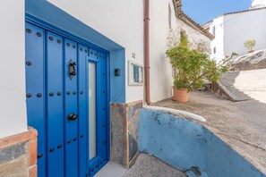 A blue door with a stone base, a potted plant, and a number '22' on the wall.