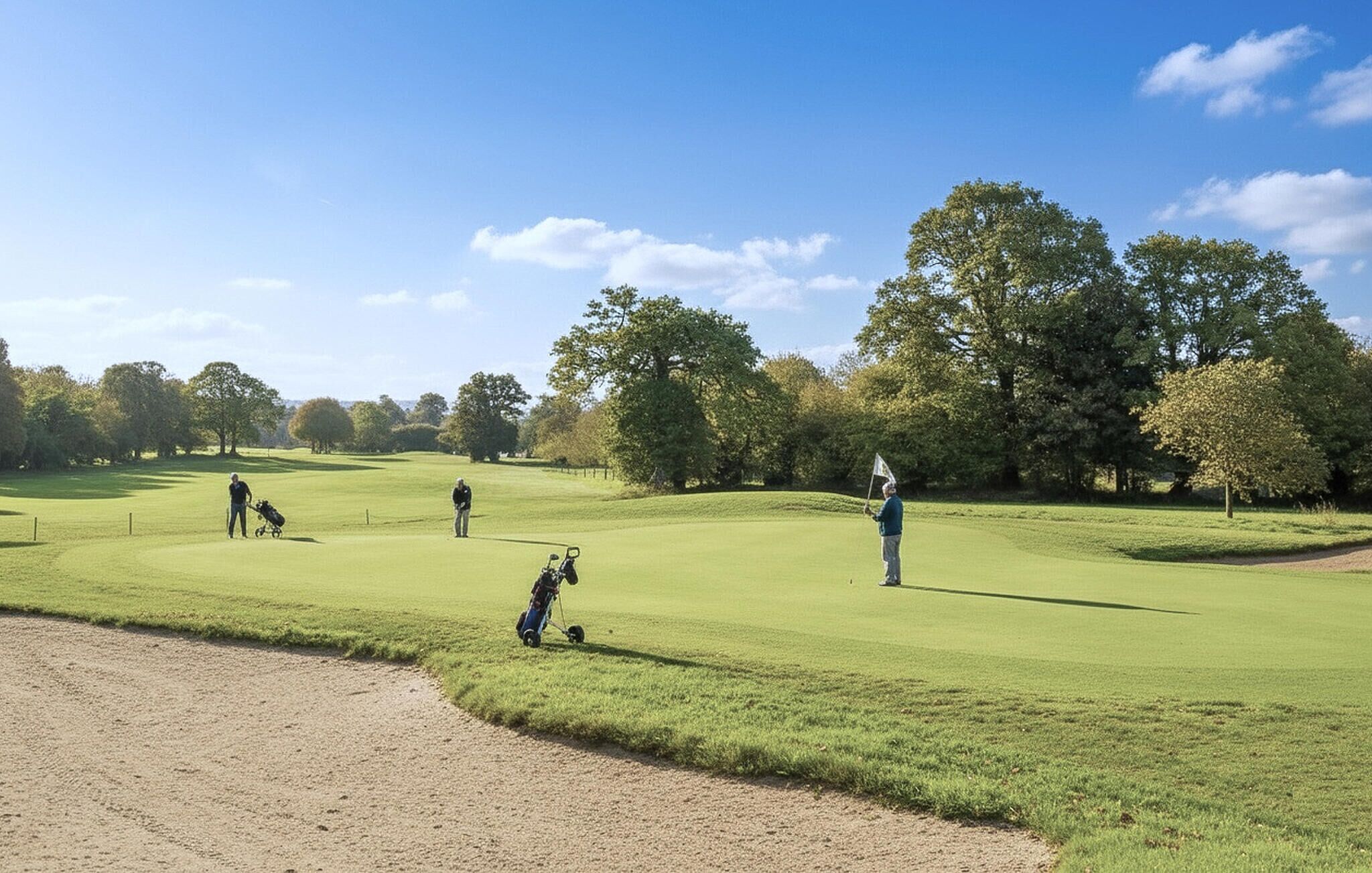 A golf course with a clear sky, trees, and golfers.