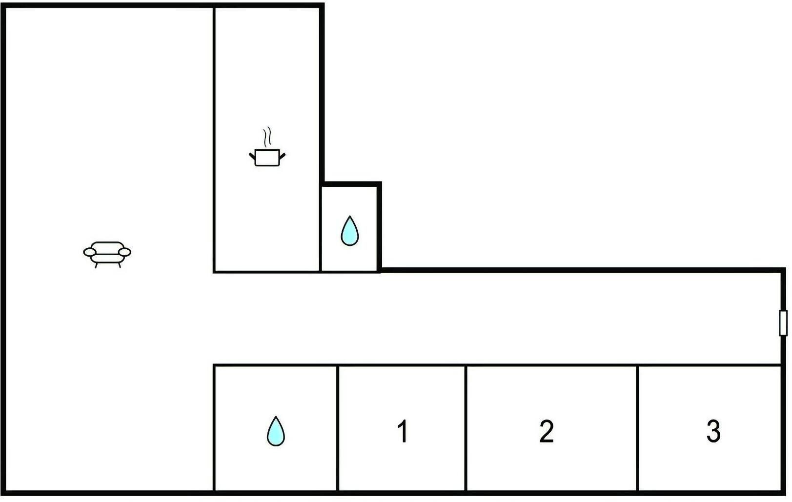 Plano de planta que muestra un sofá, un jacuzzi y tres habitaciones numeradas.
