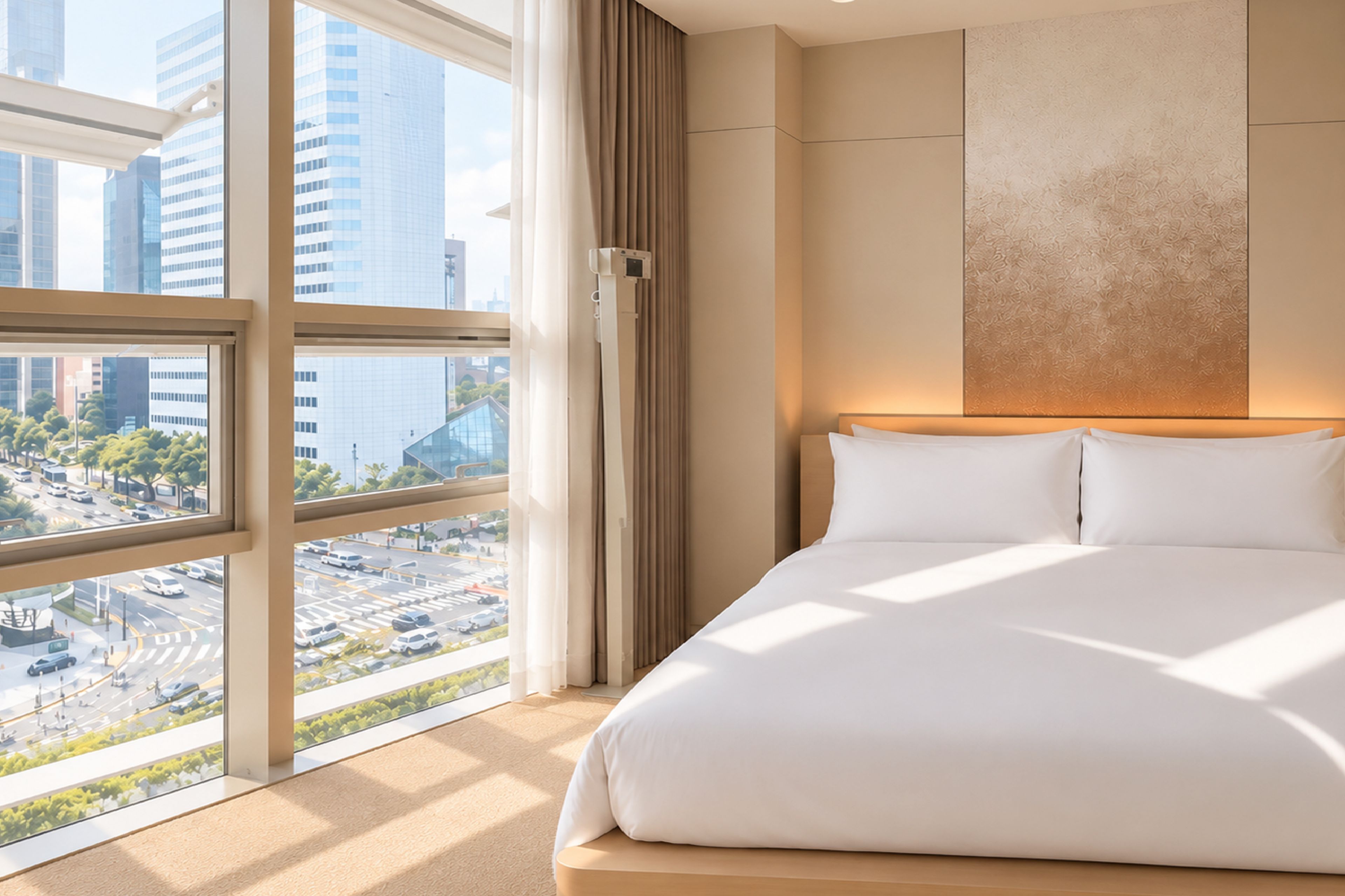 A hotel room with a large window, a bed, and a view of a cityscape.
