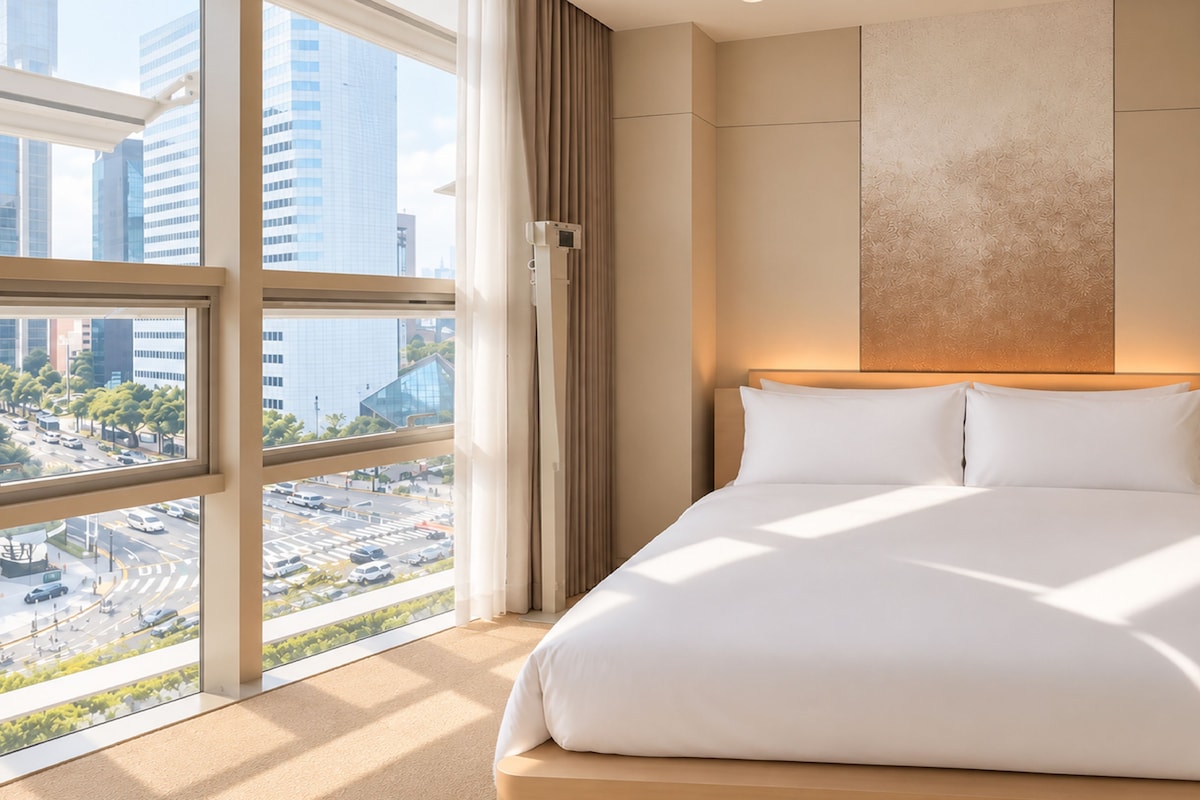 Een hotelkamer met een groot raam, een bed en uitzicht op een stadsgezicht.