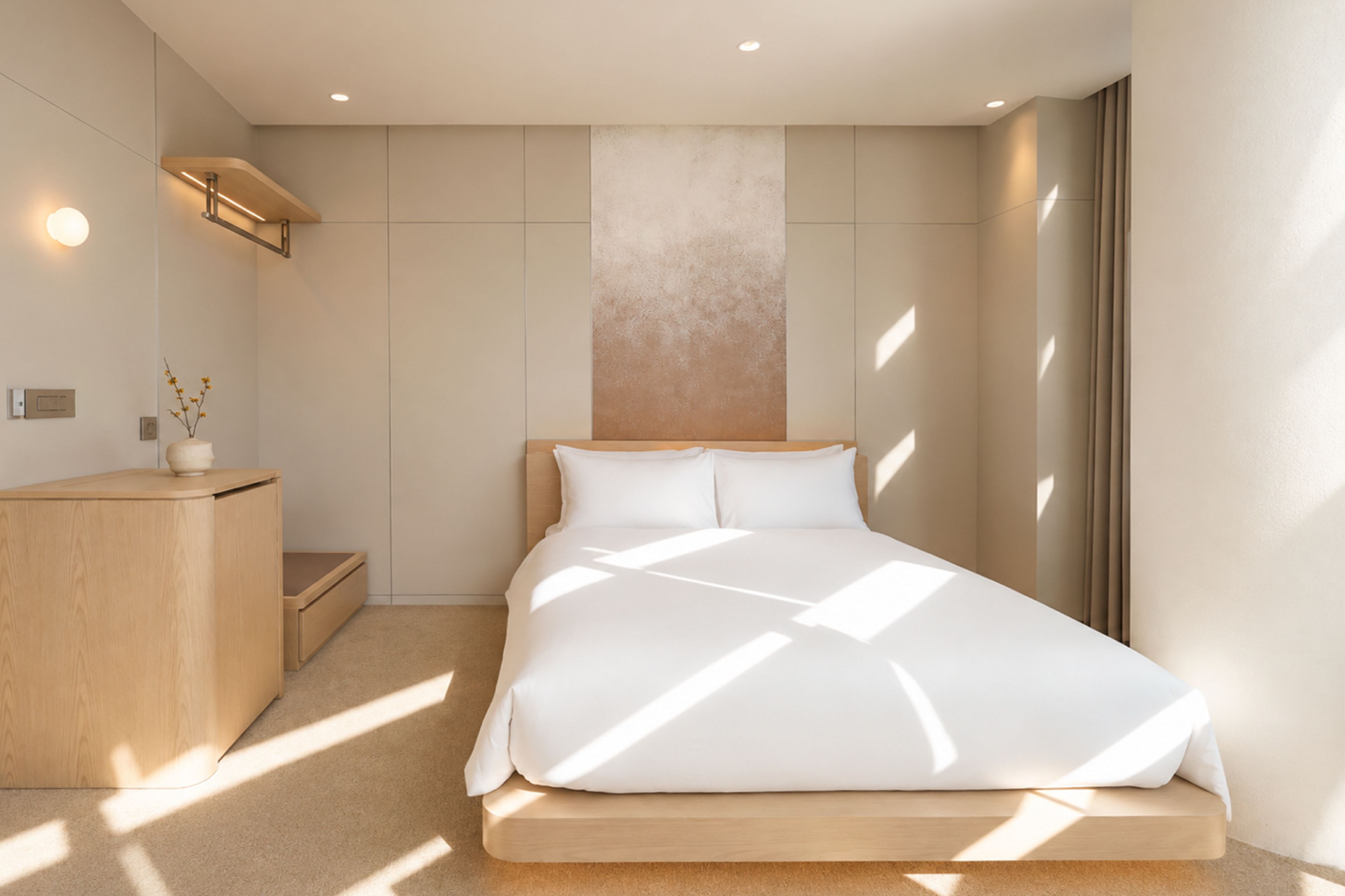 A modern bedroom with a bed, bedside table, and a wall-mounted light fixture.