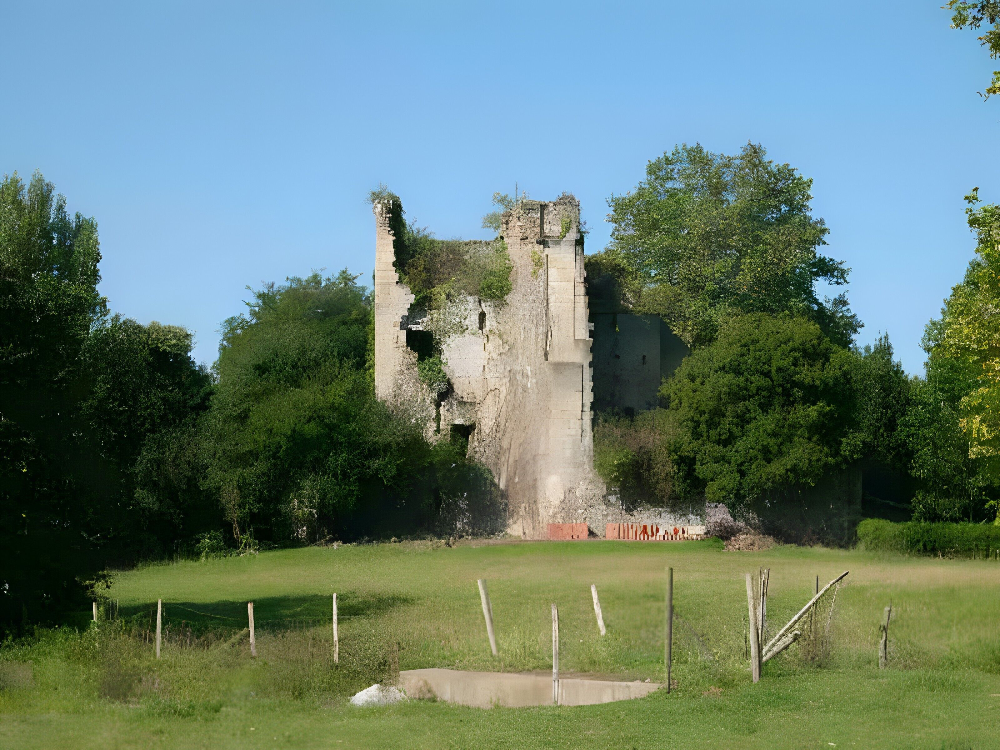 A historic stone structure with a tower, surrounded by lush greenery and a fenced field.