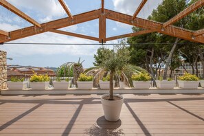 Eine Holzdielen-Terrasse mit Blumentöpfen und blauem Himmel.