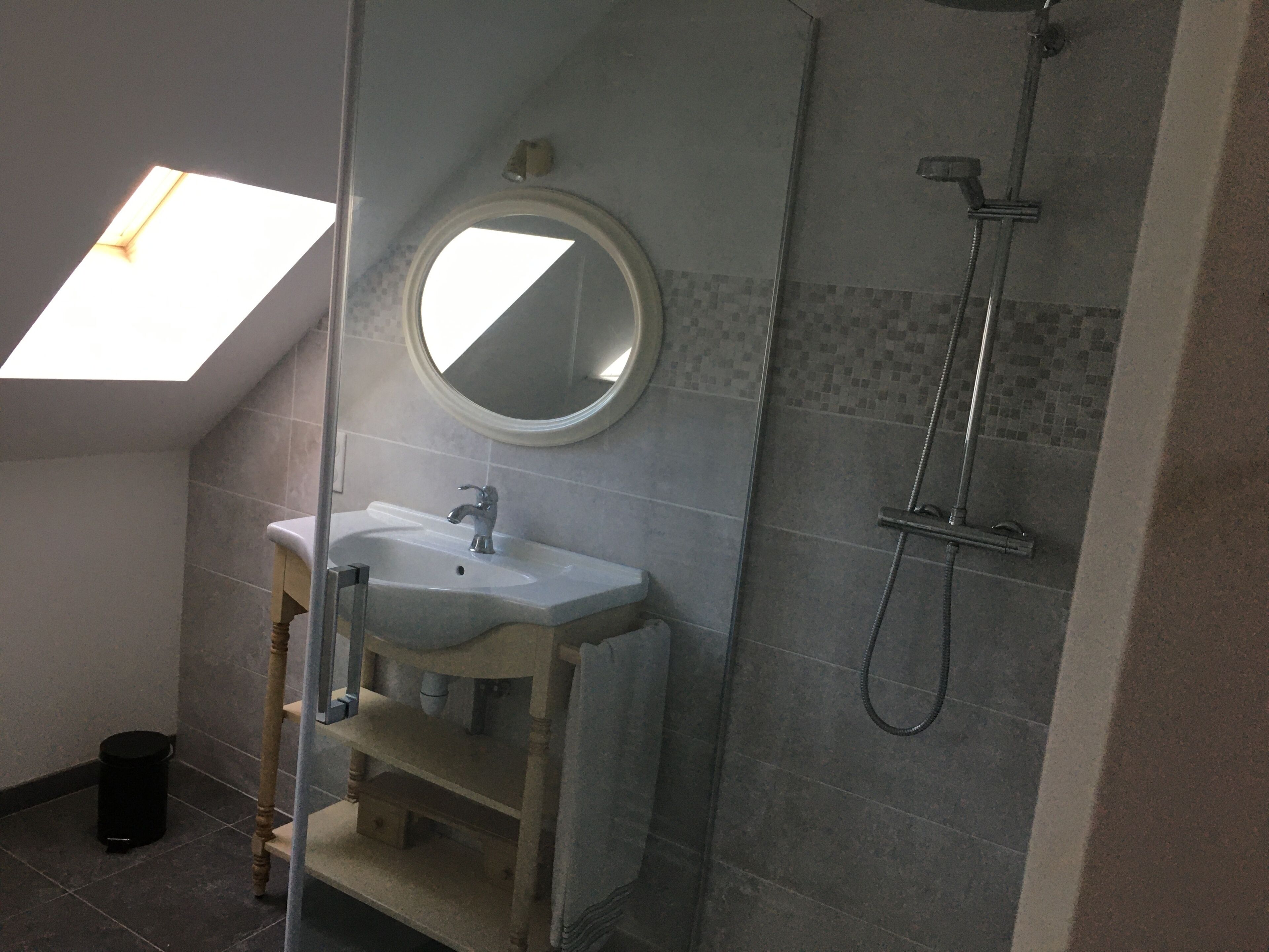 A bathroom with a skylight, a sink, a mirror, and a shower.