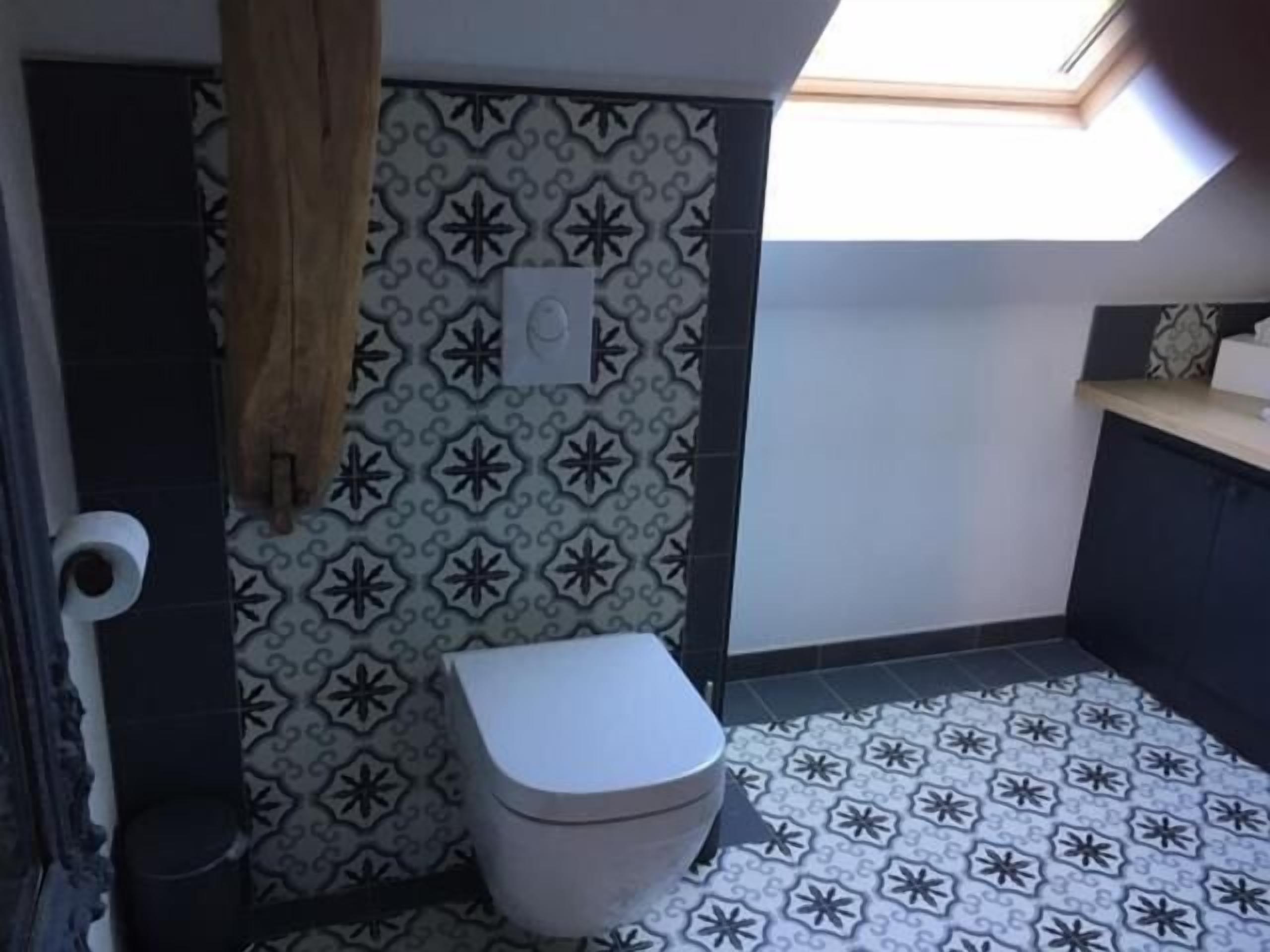A bathroom with patterned tiles, a toilet, a shower area, and a skylight.