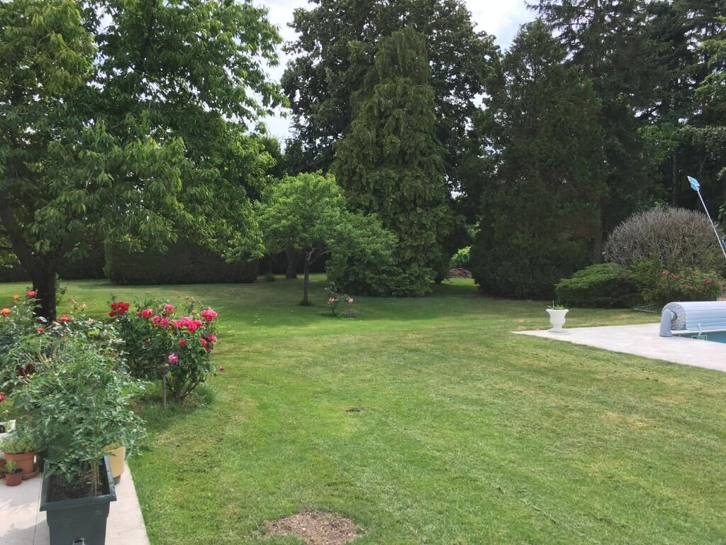 Une pelouse bien entretenue, agrémentée de diverses plantes à fleurs et d’arbres.