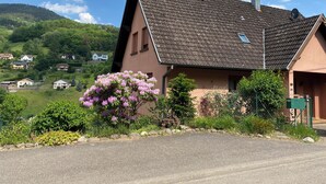 Ein zweistöckiges Haus mit geneigtem Dach, einer Satellitenschüssel und einem Garten mit blühenden Pflanzen.