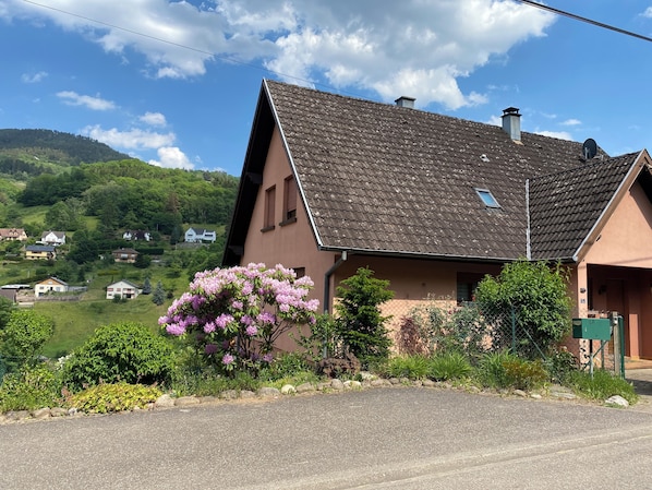 A two-story house with a sloped roof, a satellite dish, and a garden with flowering plants.