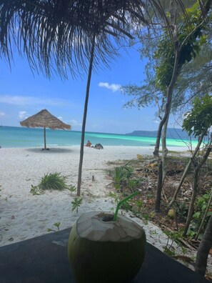 Escena de playa con una sombrilla de paja, una bebida de coco y vistas al océano.