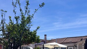 Une piscine à l’eau d’un bleu limpide, bordée d’une margelle carrelée. Au fond, on aperçoit un bâtiment avec un toit recouvert de tuiles et un arbre aux feuilles vertes.