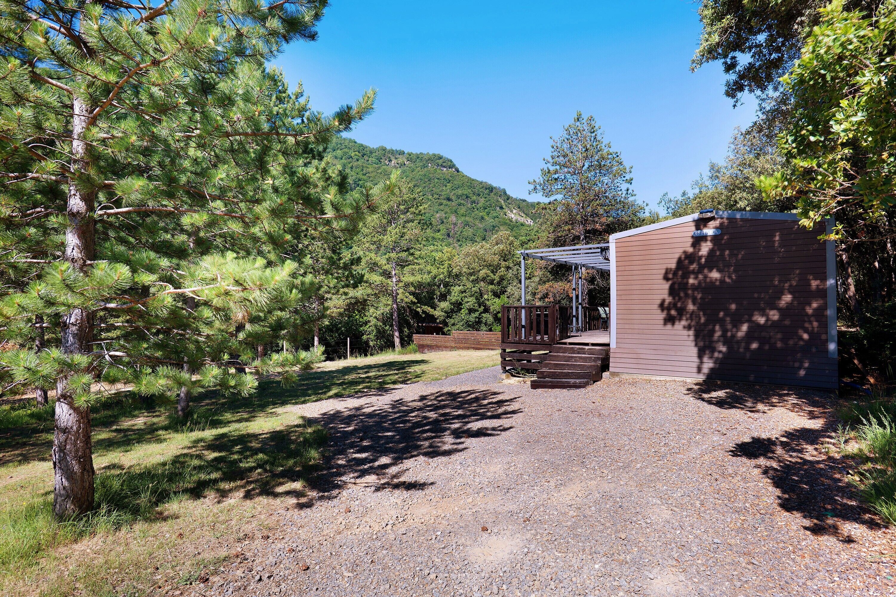 A gravel path leading to a building with a wooden deck and a metal roof, surrounded by pine trees and a mountain in the background.
