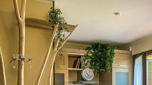 Et moderne køkken med træskabe, en gasblus og en potteplante.