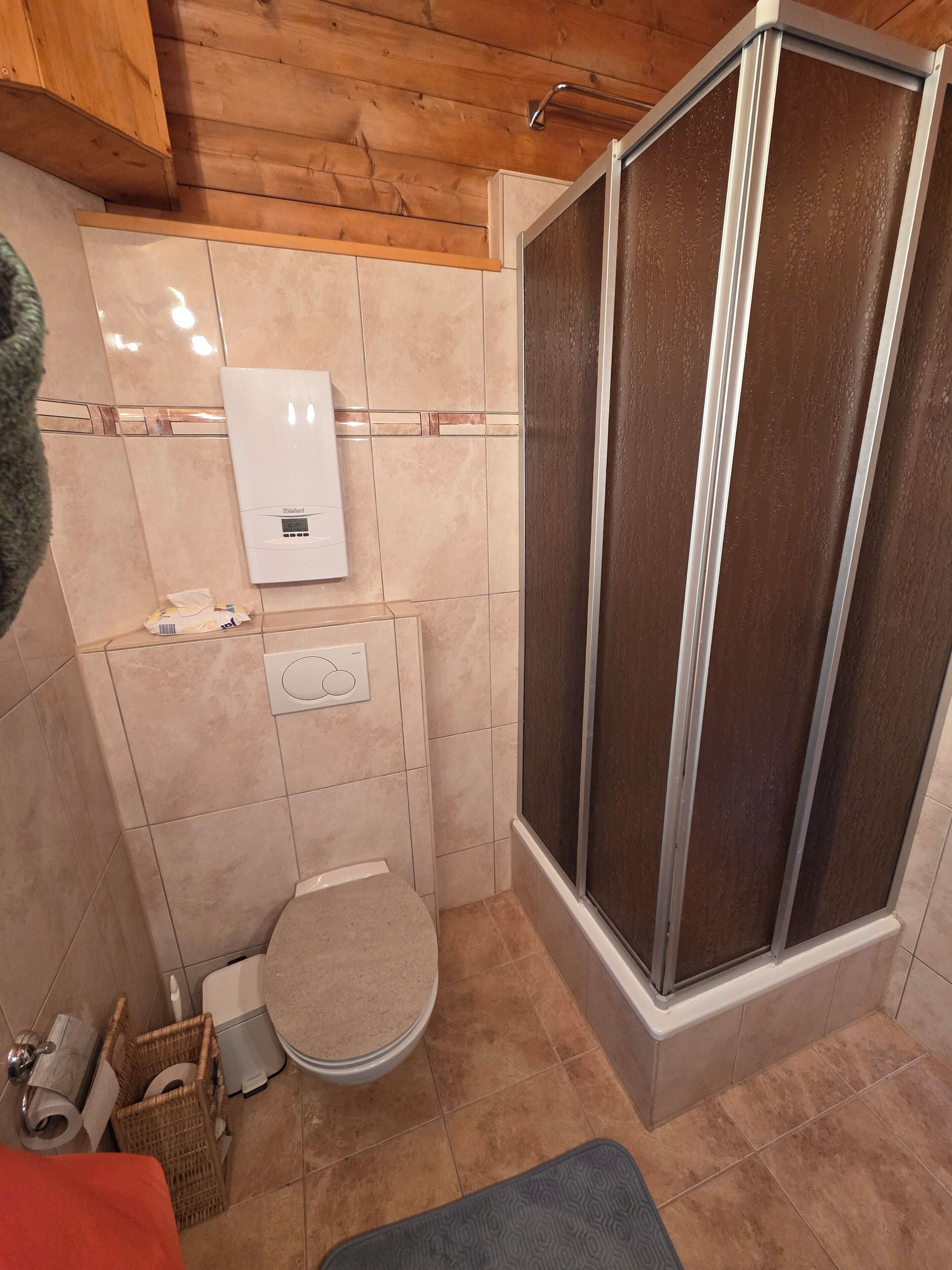 Une salle de bain comprenant des toilettes, un espace douche, un porte-serviettes et un support à papier toilette.