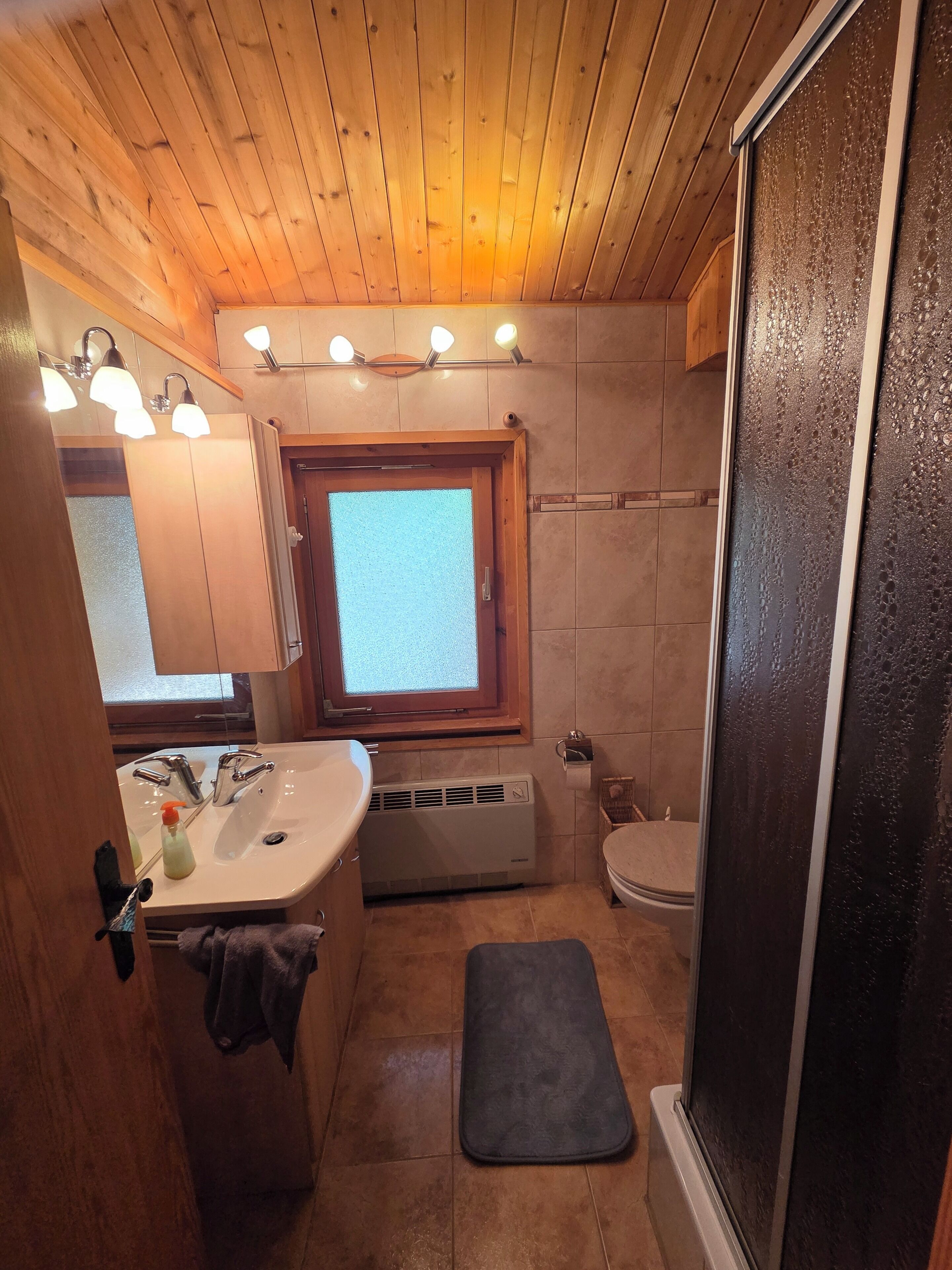 A bathroom with a wooden ceiling, a sink with a mirror, a window, a toilet, and a shower area.