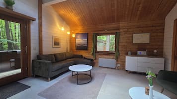 Smart-TV, Kamin, Bücher, Stereoanlage
