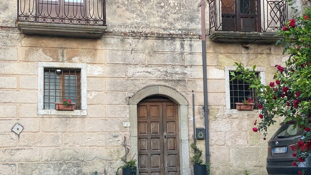 A stone building with a wooden door, potted plants, and a car parked in front.