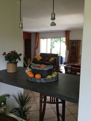 Un comptoir de cuisine avec un panier de fruits, une plante en pot et un coin repas avec une table et des chaises.