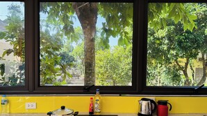 Eine Küche mit Herd, Topf, Flasche, Wasserkocher und Tasse auf der Arbeitsplatte.