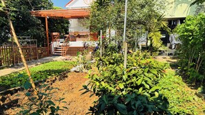 Ein Garten mit einer Holz-Pergola, einer kleinen Brücke und verschiedenen Pflanzen.