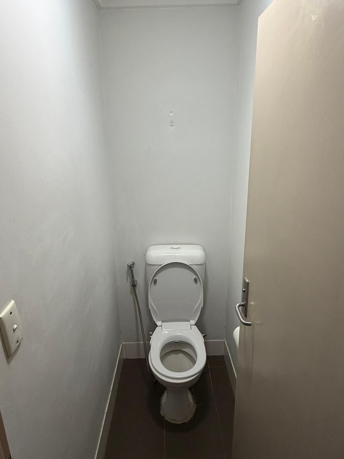 Un bagno piccolo e stretto con il water bianco, una doccetta e una porta.